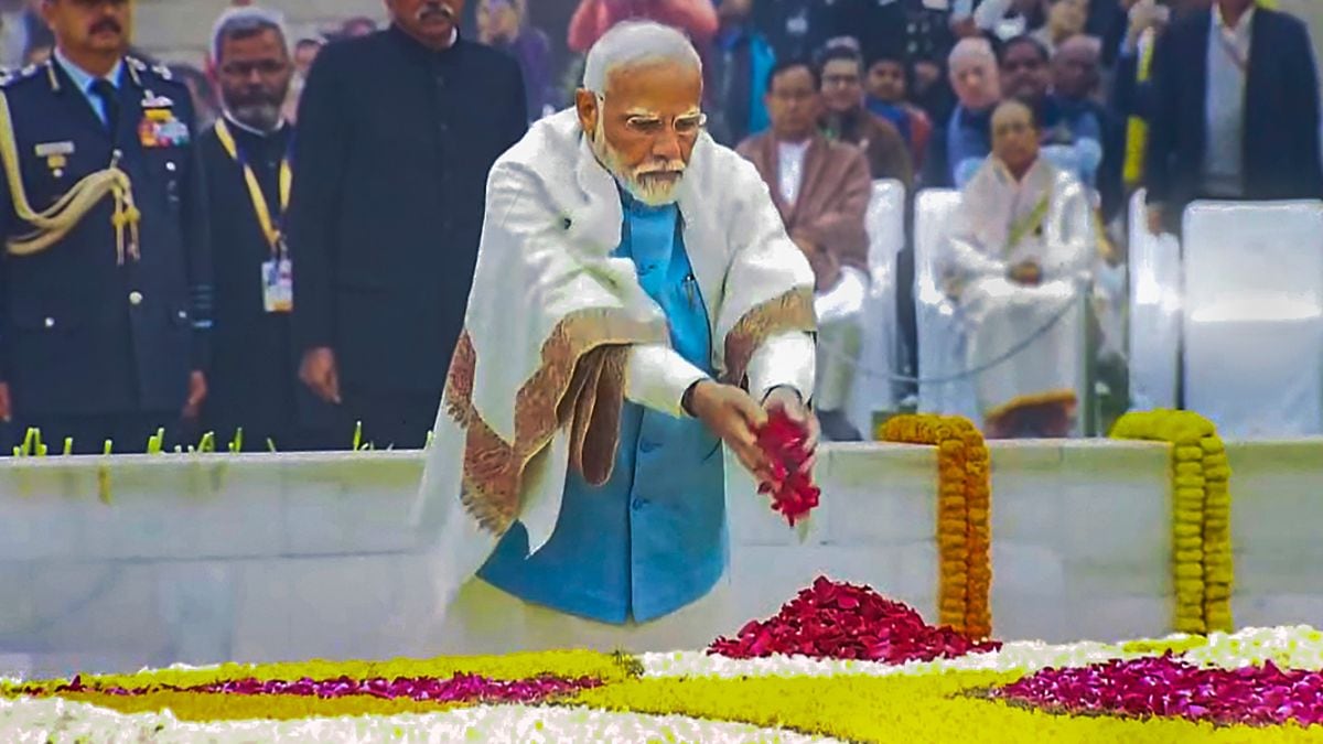 Prime Minister Narendra Modi pays floral tribute to Mahatma Gandhi at Rajghat