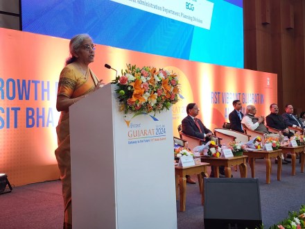 Nirmala Sitharaman at Vibrant Gujarat Global Summit 2024 (Image/@nsitharamanoffc) Nirmala Sitharaman at Vibrant Gujarat Global Summit 2024 (Image/@nsitharamanoffc)