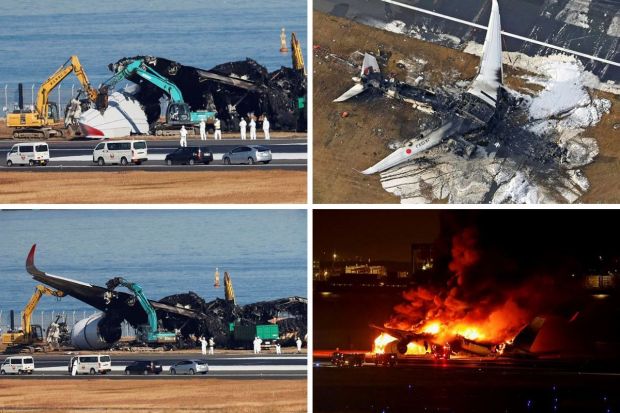 Crews at Tokyo's Haneda Airport began clearing the charred wreck of a Japan Airlines plane from a runway on Friday, as investigators sought to retrieve the aircraft's cockpit voice recorder and discover what caused the deadly accident. The Japan Airlines (JAL) passenger jet collided with a Coast Guard turboprop on the runway while landing in Tokyo on Tuesday. All 379 people on the JAL aircraft escaped before it was engulfed in flames, but five of the six crew on the Coast Guard craft died. Take a look at the pictures -