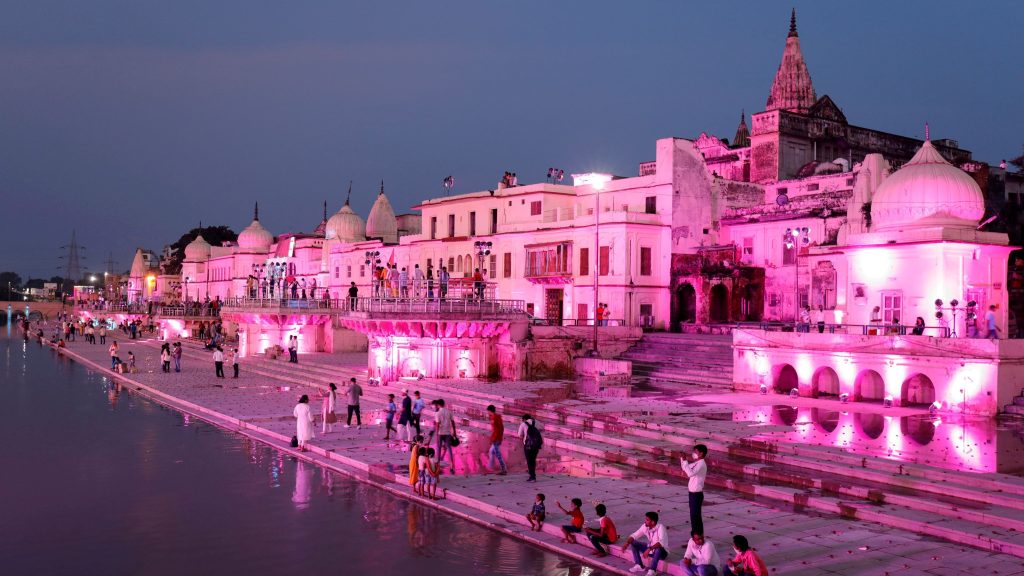 Temples and other buildings on the bank of Sarayu river illuminated in Ayodhya (Image/Reuters)