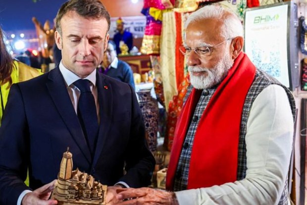 PM Modi presents a replica of Ayodhya's Ram Mandir to Macron. (Image: PTI)