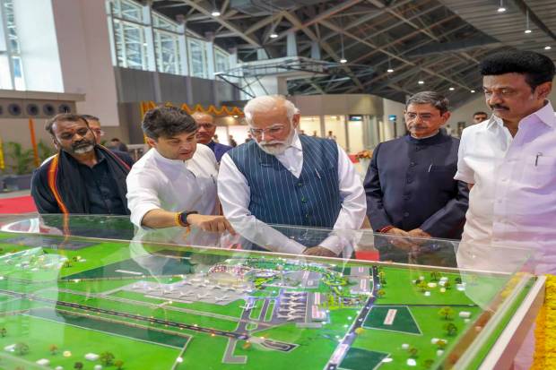 Prime Minister Narendra Modi with Tamil Nadu Governor RN Ravi, Chief Minister MK Stalin, Union Civil Aviation Minister Jyotiraditya Scindia, Union Minister of State L Murugan during a walkthrough of the new terminal building at Tiruchirappalli International Airport. (PTI Photo)