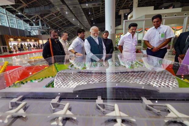 Prime Minister Narendra Modi with Tamil Nadu Governor RN Ravi, Chief Minister MK Stalin, Union Civil Aviation Minister Jyotiraditya Scindia, Union Minister of State L Murugan during a walkthrough of the new terminal building at Tiruchirappalli International Airport. (PTI Photo)