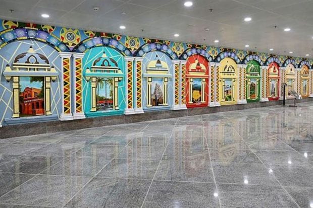 The terminal's dynamic external facade and splendid interiors showcase various art forms, from Kolam art to the colors of Srirangam Temple, along with thematic artworks that illustrate the cultural connection of India to the rest of the world. (Photo: PTI)