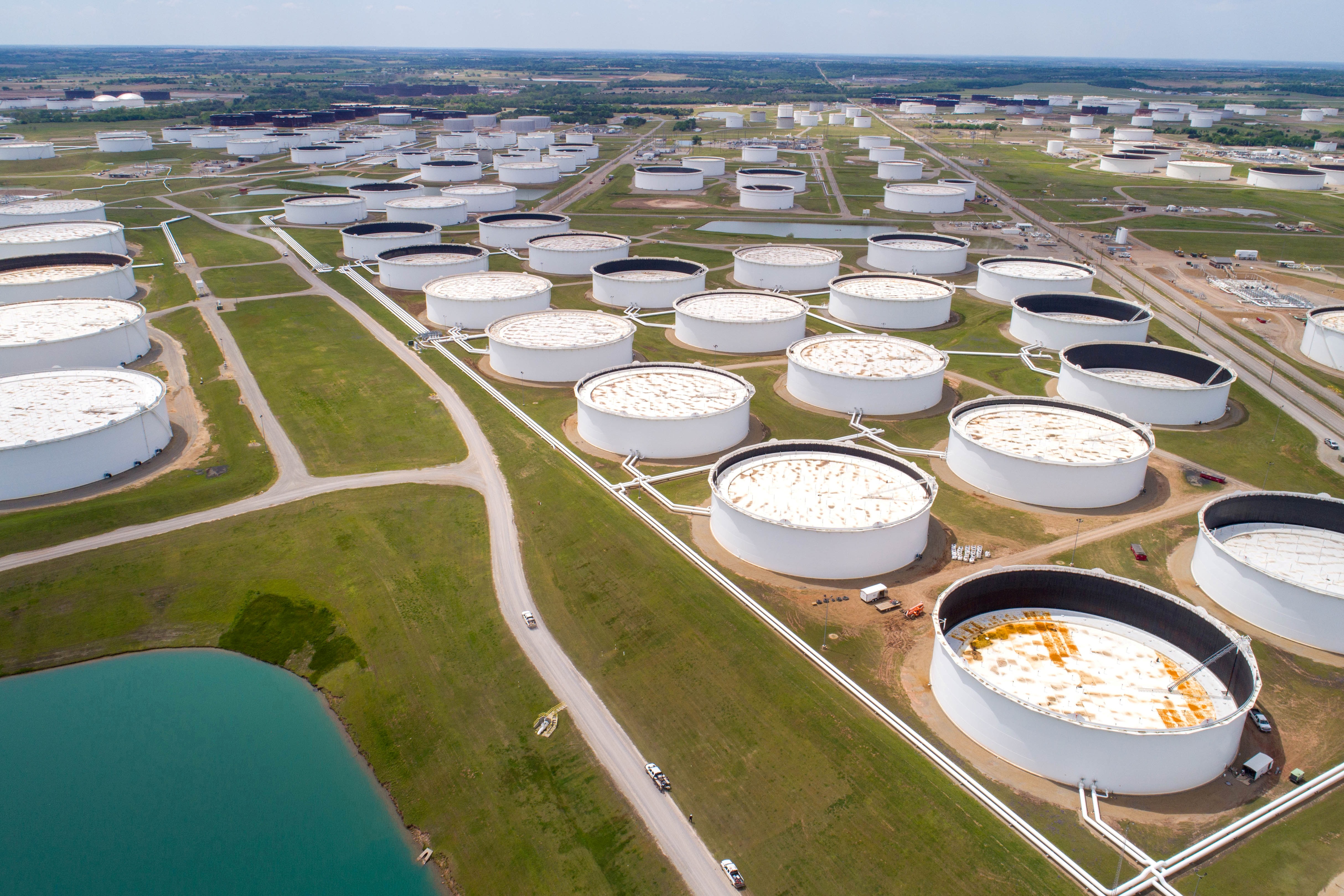 Crude oil storage tanks are seen in an aerial photograph at the Cushing oil hub (Image/Reuters)