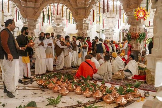 Priests perform 'puja' rituals ahead of the consecration ceremony of Ram Mandir, in Ayodhya. (PTI Photo)