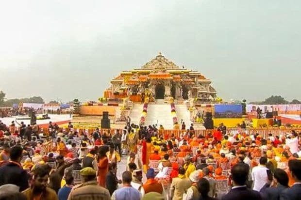 Guests at the Ram Mandir ahead of the consecration ceremony, in Ayodhya. (PTI Photo)