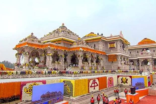 Ram Mandir decorated with flowers ahead of its consecration ceremony, in Ayodhya. (PTI Photo)