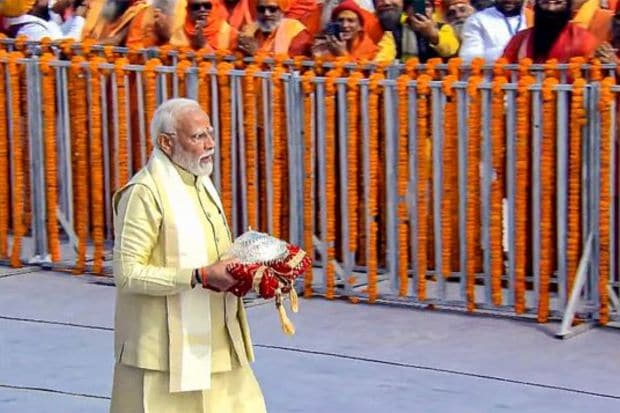 Prime Minister Narendra Modi arrives for the consecration ceremony at the Ram Mandir, in Ayodhya. (PTI Photo)