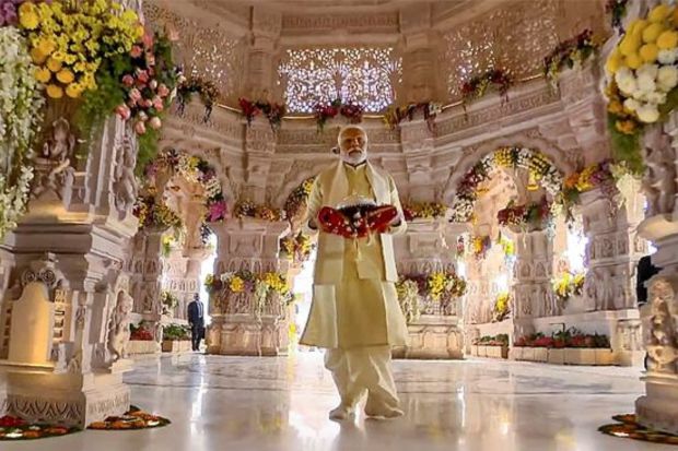 Prime Minister Narendra Modi at the newly constructed Ram Mandir for its consecration ceremony, in Ayodhya. (PTI Photo)