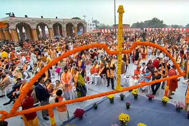 A bow and arrow decorated with flowers hangs at the Ram Mandir ahead of the consecration ceremony, in Ayodhya. (PTI Photo)