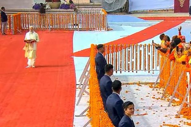 Prime Minister Narendra Modi on his arrival at the Ram Mandir for the 'Pran Pratishtha' ceremony, in Ayodhya. (PTI Photo) 