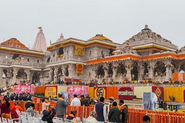 Prime Minister Narendra Modi arrives for the consecration ceremony at the Ram Mandir, in Ayodhya. (PTI Photo)