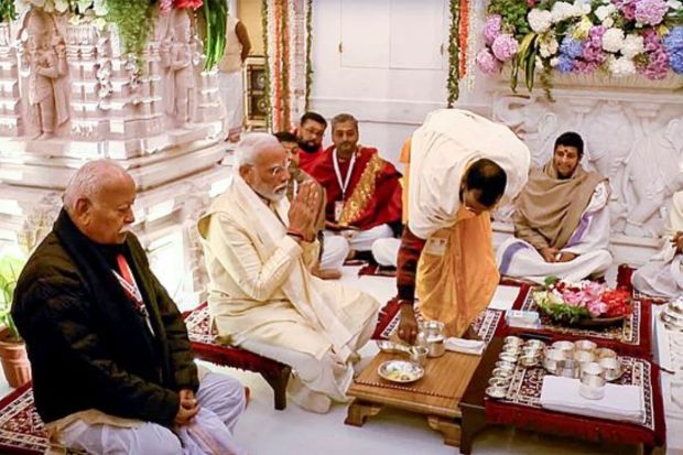 Prime Minister Narendra Modi with Rashtriya Swayamsevak Sangh (RSS) chief Mohan Bhagwat during the 'Pran Pratishtha' ceremony at the Ram Mandir, in Ayodhya. (PTI Photo)