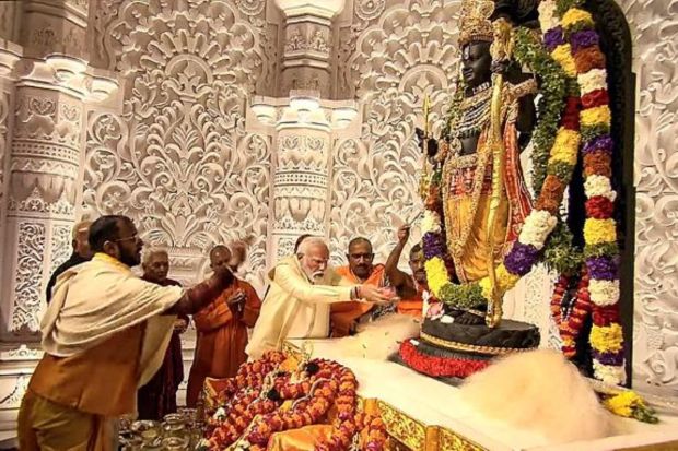 Prime Minister Narendra Modi offers prayers before the idol of Ram Lalla during the 'Pran Pratishtha' ceremony at the Ram Mandir, in Ayodhya. (PTI Photo)