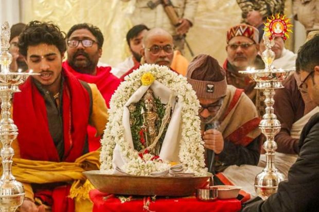 Priests perform 'puja' rituals ahead of the consecration ceremony of Ram Mandir, in Ayodhya. (PTI Photo)
