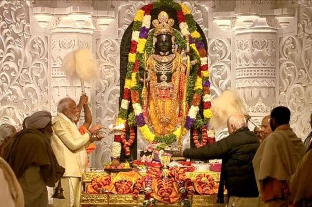 Prime Minister Narendra Modi offers prayers before the idol of Ram Lalla during the 'Pran Pratishtha' rituals at the Ram Mandir, in Ayodhya. (PTI Photo)