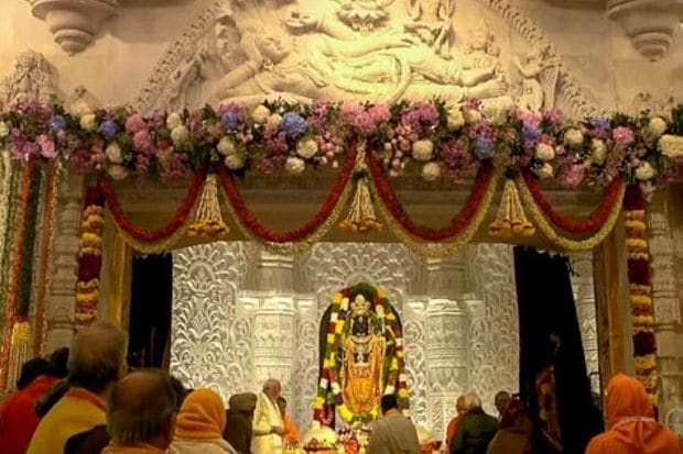 The new Ram Lalla idol was consecrated at the newly constructed temple here on Monday amid grand celebrations in the town, with Prime Minister Narendra Modi participating in the rituals. (PTI Photo)