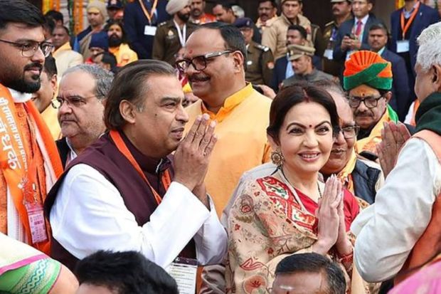 Reliance Industries Chairperson Mukesh Ambani and founder and chairperson of Reliance Foundation Nita Ambani at the Ram Mandir during the 'Pran Pratishtha' ceremony, in Ayodhya. (PTI Photo)