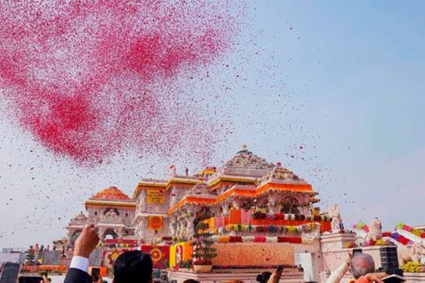 Ayodhya: Flower petals being showered at the Ram Mandir during the 'Pran Pratishtha' ceremony, in Ayodhya. (PTI Photo)