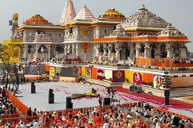 Dignitaries at the Ram Mandir during the 'Pran Pratishtha' ceremony, in Ayodhya, Monday, Jan. 22, 2024. (PTI Photo)