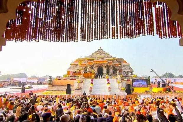 Dignitaries at the Ram Mandir during the 'Pran Pratishtha' ceremony, in Ayodhya, Monday, Jan. 22, 2024. (PTI Photo)