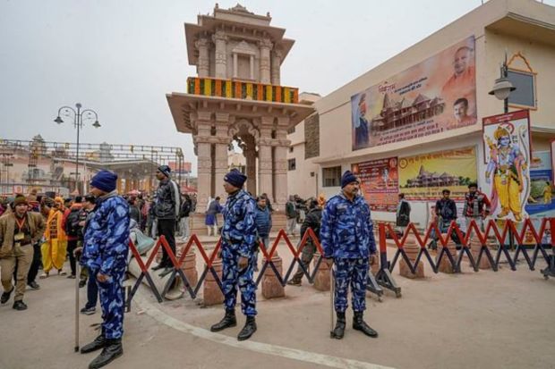 Security personnel stand guard at the entry point for Ram Mandir, ahead of its consecration ceremony, in Ayodhya, Saturday, Jan. 20, 2024. (PTI Photo/Kamal Kishore) 