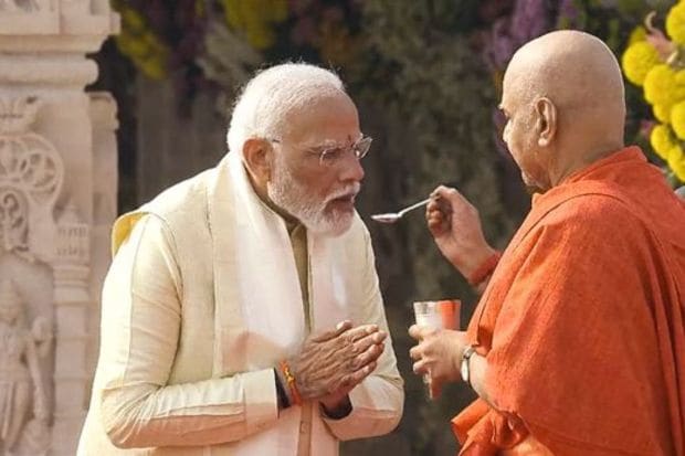 Prime Minister Narendra Modi breaks his fast after the ‘Pran Pratishtha’ ceremony at the Ram Mandir, in Ayodhya, Monday, Jan. 22, 2024. (PTI Photo)