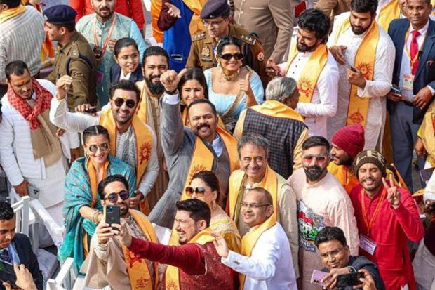 Directors Rohit Shetty and Rajkumar Hirani with actors Ranbir Kapoor, Alia Bhatt, Vicky Kaushal, Katrina Kaif, Madhuri Dixit Nene and others at the Ram Mandir during the 'Pran Pratishtha' ceremony, in Ayodhya, Monday, Jan. 22, 2024. (PTI Photo)