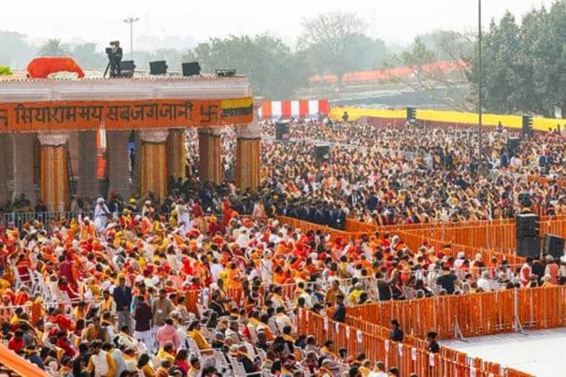Gathering at the Ram Mandir for the 'Pran Pratishtha' ceremony, in Ayodhya, Monday, Jan. 22, 2024. (PTI Photo)