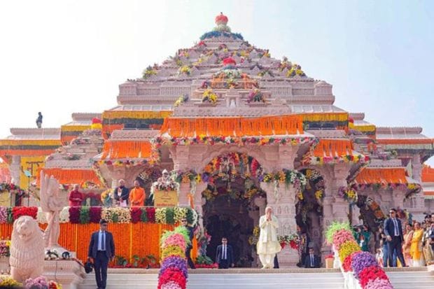 Prime Minister Narendra Modi at the Ram Mandir after the 'Pran Pratishtha' rituals, in Ayodhya. (PTI Photo)