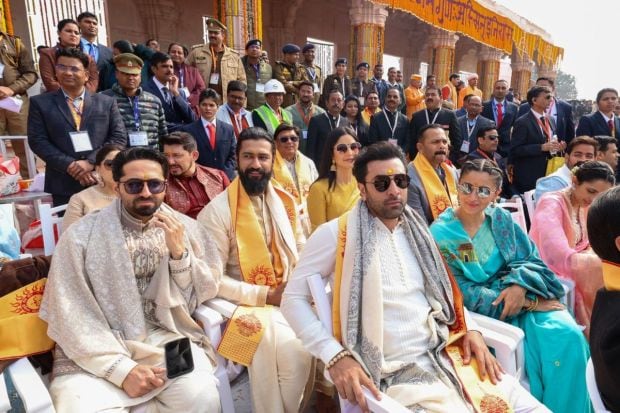 Directors Rohit Shetty and Rajkumar Hirani with actors Ranbir Kapoor, Alia Bhatt, Vicky Kaushal, Katrina Kaif, Madhuri Dixit Nene and others at the Ram Mandir during the 'Pran Pratishtha' ceremony. (PMO)
