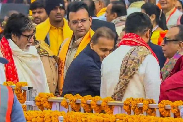 Bollywood actors Amitabh Bachchan and Abhishek Bachchan and industrialist Anil Ambani at the Ram Mandir ahead of the consecration ceremony, in Ayodhya. (PTI Photo)
