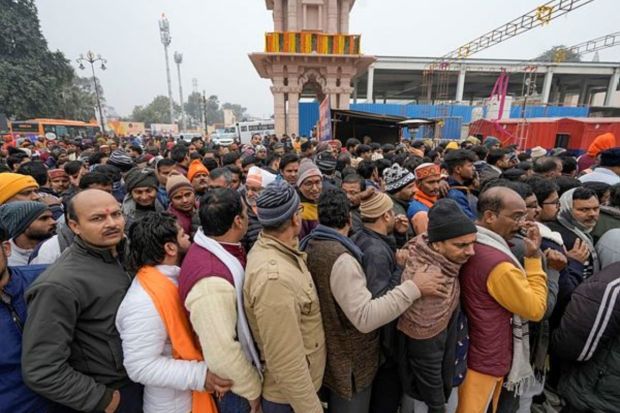 Devotees throng the entry point for Ram Mandir, ahead of its consecration ceremony, in Ayodhya, Saturday, Jan. 20, 2024. (PTI Photo/Kamal Kishore) 
