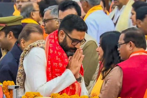 Bollywood actor Abhishek Bachchan at the Ram Mandir ahead of the consecration ceremony, in Ayodhya. (PTI Photo)