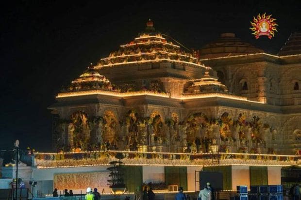 Ram Mandir being decorated with flowers ahead of its consecration ceremony, in Ayodhya, Friday, Jan. 19, 2024. (PTI Photo)