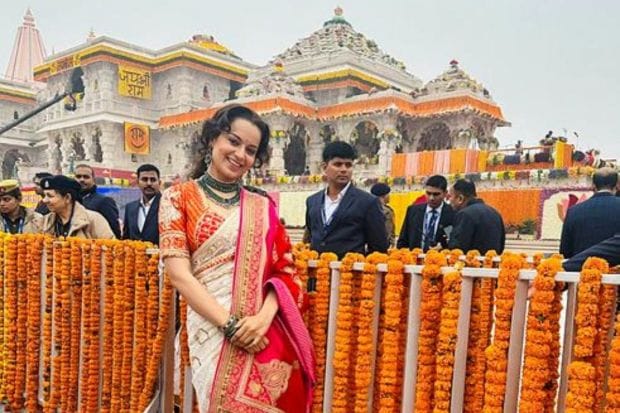 Actor Kangana Ranaut poses for picture at the Ram Mandir ahead of its 'Pran Pratishtha' ceremony, in Ayodhya. (PTI Photo) 