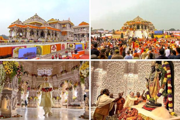 Amidst jubilant celebrations in Ayodhya, the newly constructed temple witnessed the consecration of the new Ram Lalla idol on Monday, with Prime Minister Narendra Modi actively participating in the sacred rituals. PM Modi, adorned in a golden kurta paired with a cream dhoti and patka, walked into the temple premises with a silver 'chattar' (umbrella) placed on a red folded dupatta. Accompanying him were RSS Chief Mohan Bhagwat, Uttar Pradesh Governor Anandiben Patel and Chief Minister Yogi Adityanath, all present inside the sanctum during the significant ceremonies. (PTI Photo)