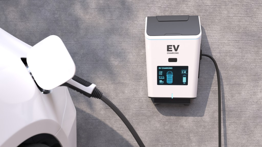 EV Charging Station, Clean energy filling technology, Electric car charging. 3D illustration