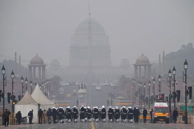 Indian Coast Guard (ICG) personnel during rehearsals for the upcoming Republic Day parade on a cold winter morning, in New Delhi. (PTI Photo)