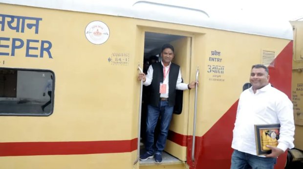 Chittorgarh MLA Chandrabhan Singh Aakya onboard Aastha special train in Rajasthan( Image/@mlacbsaakya)