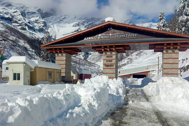 Snow-covered Atal Tunnel Rohtang South Portal after a fresh snowfall in Manali, HP(PTI Photo)
