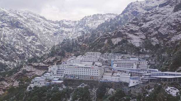Mata Vaishno Devi Bhavan covered in snow after a fresh snowfall at Katra in Reasi district (PTI Photo)