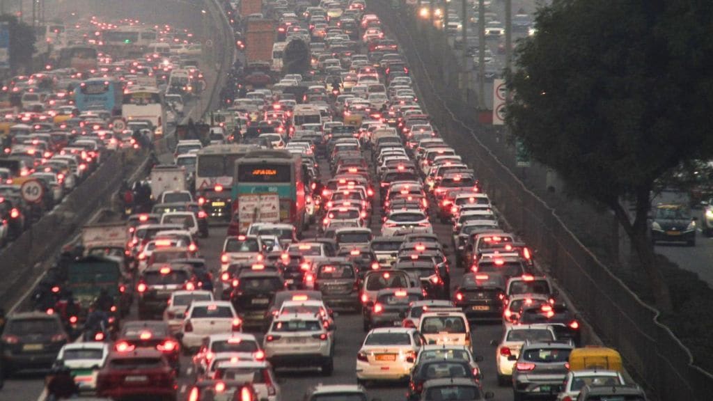 Vehicles stuck in a traffic jam on Delhi-Gurugram Expressway Vehicles stuck in a traffic jam on Delhi-Gurugram Expressway