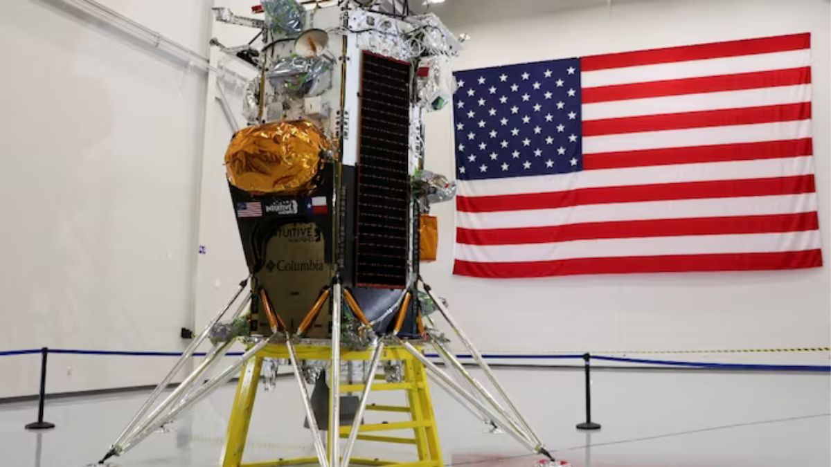 The Nova-C lunar lander designed by aerospace company Intuitive Machines is displayed at the company's headquarters in Houston, Texas (Reuters)