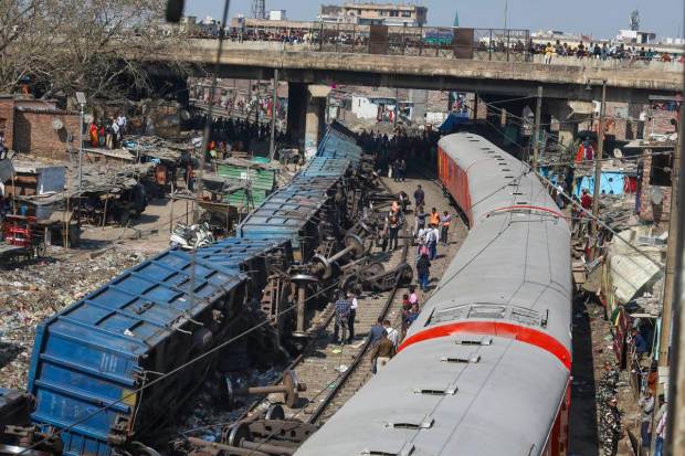 A goods train derails near Zakhira in New Delhi. (PTI Photo)