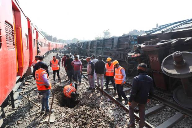 Restoration work underway after a goods train derailed near Zakhira in New Delhi. (PTI Photo)