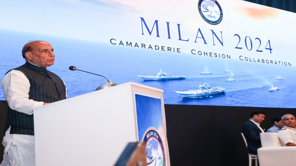 Defence minister Rajnath Singh in his address at the formal opening ceremony of the 12th edition of the multinational Exercise MILAN in Visakhapatnam on February 21, 2024 (Image: MoD)