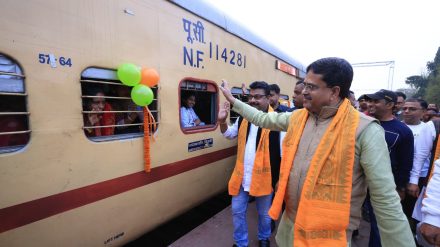 Manik on Tuesday flagged off Indian Railways third Aastha Special train from Tripura’s Agartala railway station (Image/@DrManikSaha2) Manik on Tuesday flagged off Indian Railways third Aastha Special train from Tripura’s Agartala railway station (Image/@DrManikSaha2)