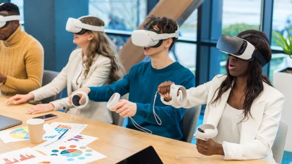 Through VR simulations, students can explore historical events Through VR simulations, students can explore historical events